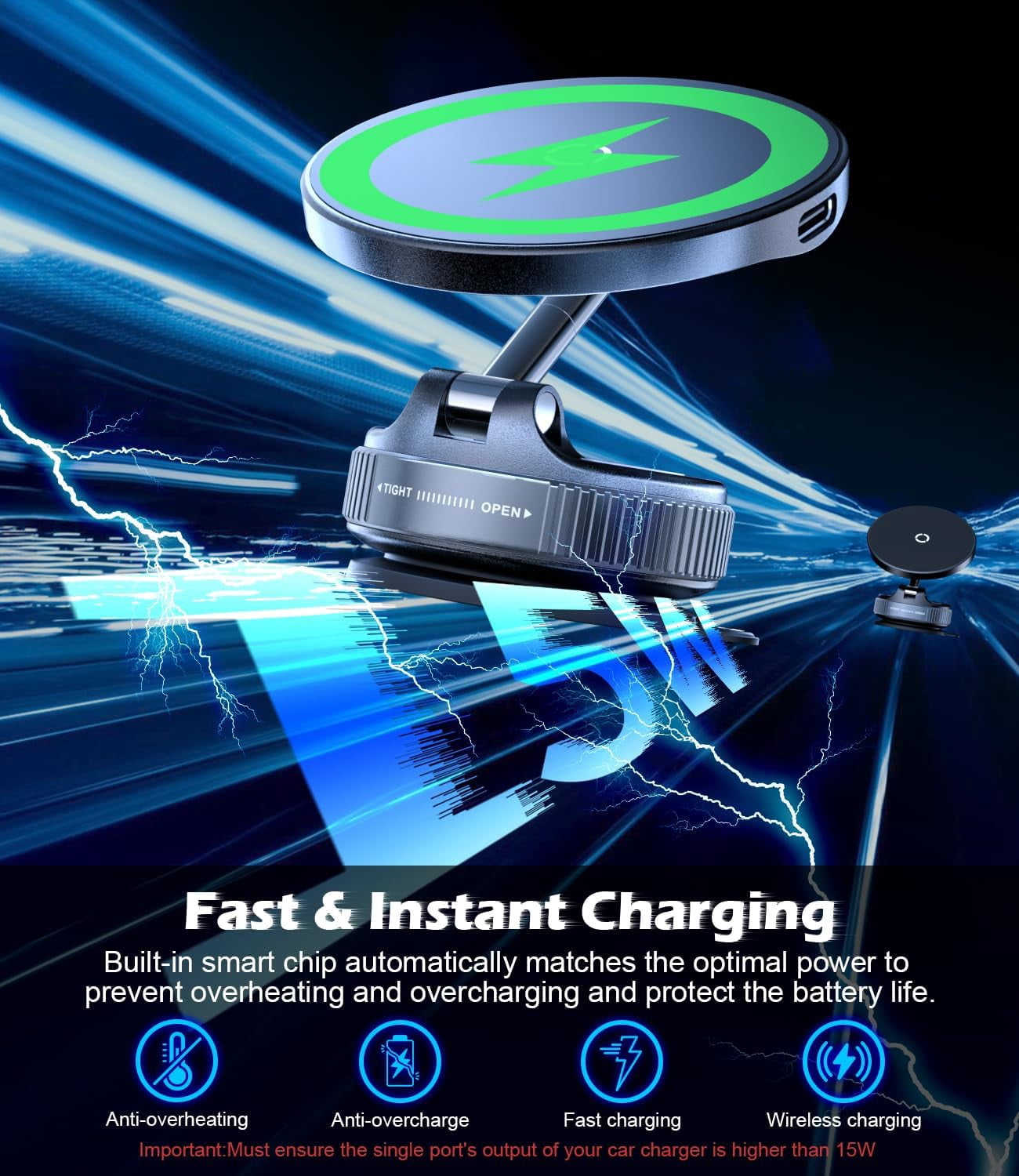 Chargeur sans fil rapide 15W p - Wireless Car Charger Mount Fast Charging avis et prix